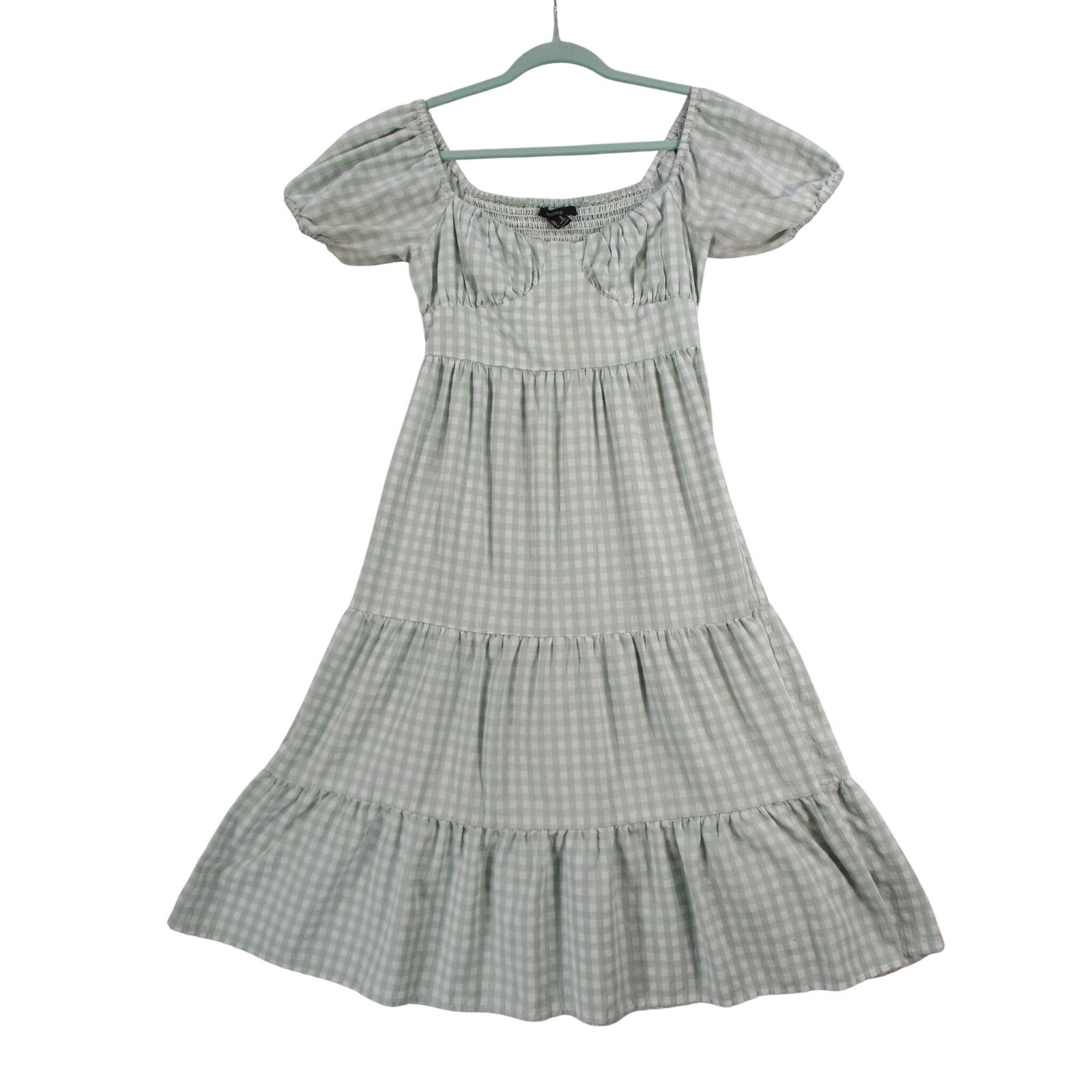 Forever 21 Sage Green Gingham Puff Sleeve Tiered Midi Dress Womens Medium